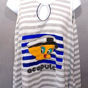 Tweety Bird Acapulco Nautical Striped Sleeveless XL Dress‎ Keyhole Beach White